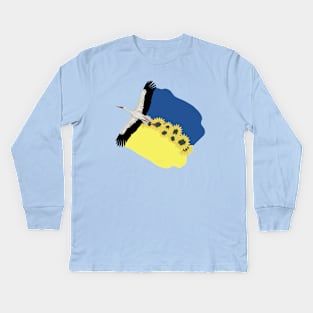 A Stork carries a Ukrainian flag and sunflowers on its wings Kids Long Sleeve T-Shirt